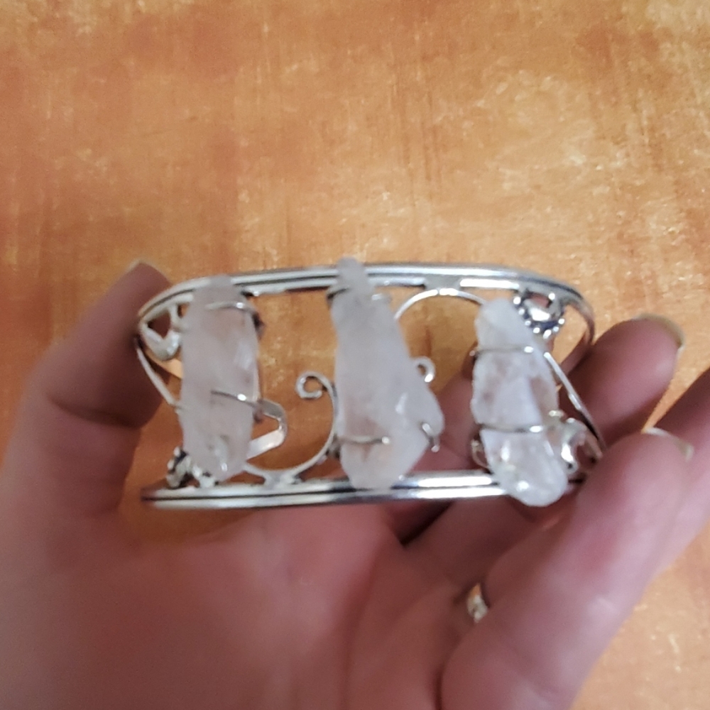 New Natural Crystal Quartz 925 Silver Cuff Bracelet.